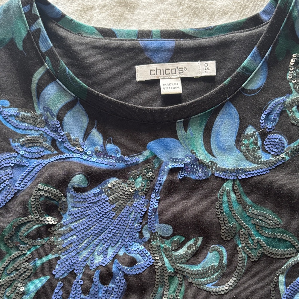 Chico's  0 Black and Blue Sequin Floral Top